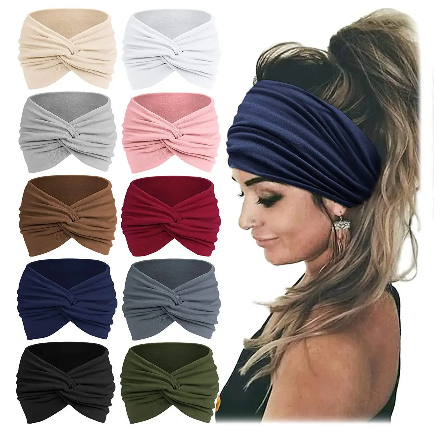 Women's 8/10-Piece Wide African Hair Wrap Headbands, Large Non-Slip Stretch Sport Workout Headbands, Valentine's Day Gifts, Headband