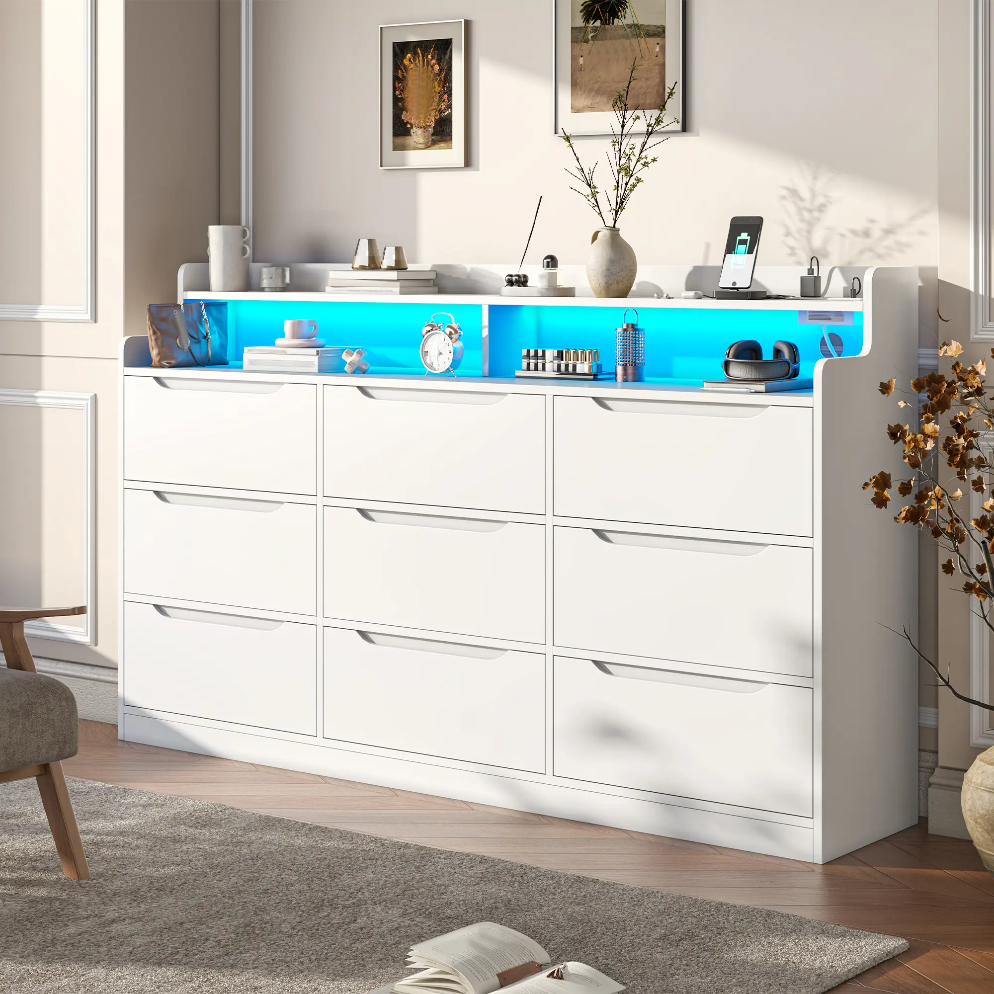 【2 Package&24H Online Help】RaybeeFurniture 9 Drawer Dresser for Bedroom with LED Light,Wide Dressers & Chests of Drawers with Charging Station, Large Storage Clothes Organizer, Modern Design Wood Dresser, Perfect for Living Room, Hallway, Closet,Entryway