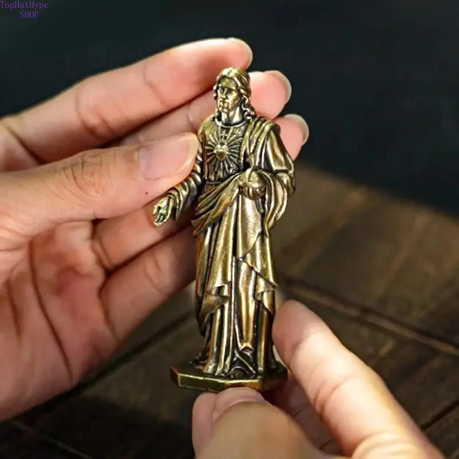 Solid Brass Jesus Sacred Heart Sculpture, Antique Handcrafted Christian Figurine, Indoor Home Religious Decor, Christianity Spiritual Gift for Office, Statue, Indoors