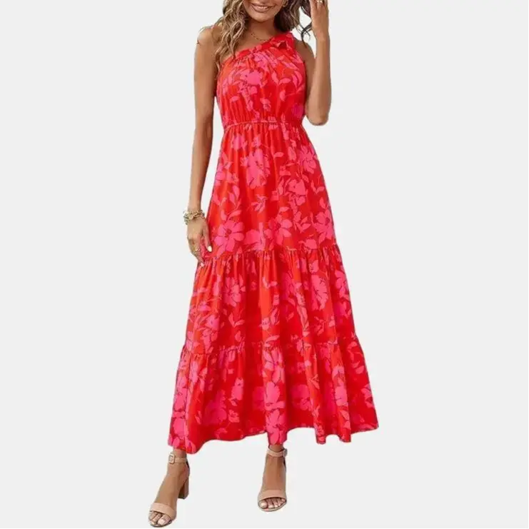 PrettyGarden Boho Chic Floral Maxi Dress - One Shoulder, Ruffle, Sleeveless, Flowing Summer Beach Wedding Guest Dress- Womenswear#SwimWeek