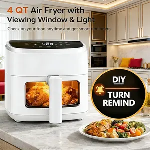 8-in-1 Air Fryer 4 Qt, White Digital Airfryer with Visible Window, 1500W Electric Hot Air Fryers with Nonstick Dishwasher-Safe Basket, 60-Min Timer, Perfect for Chips, Bake, Wings