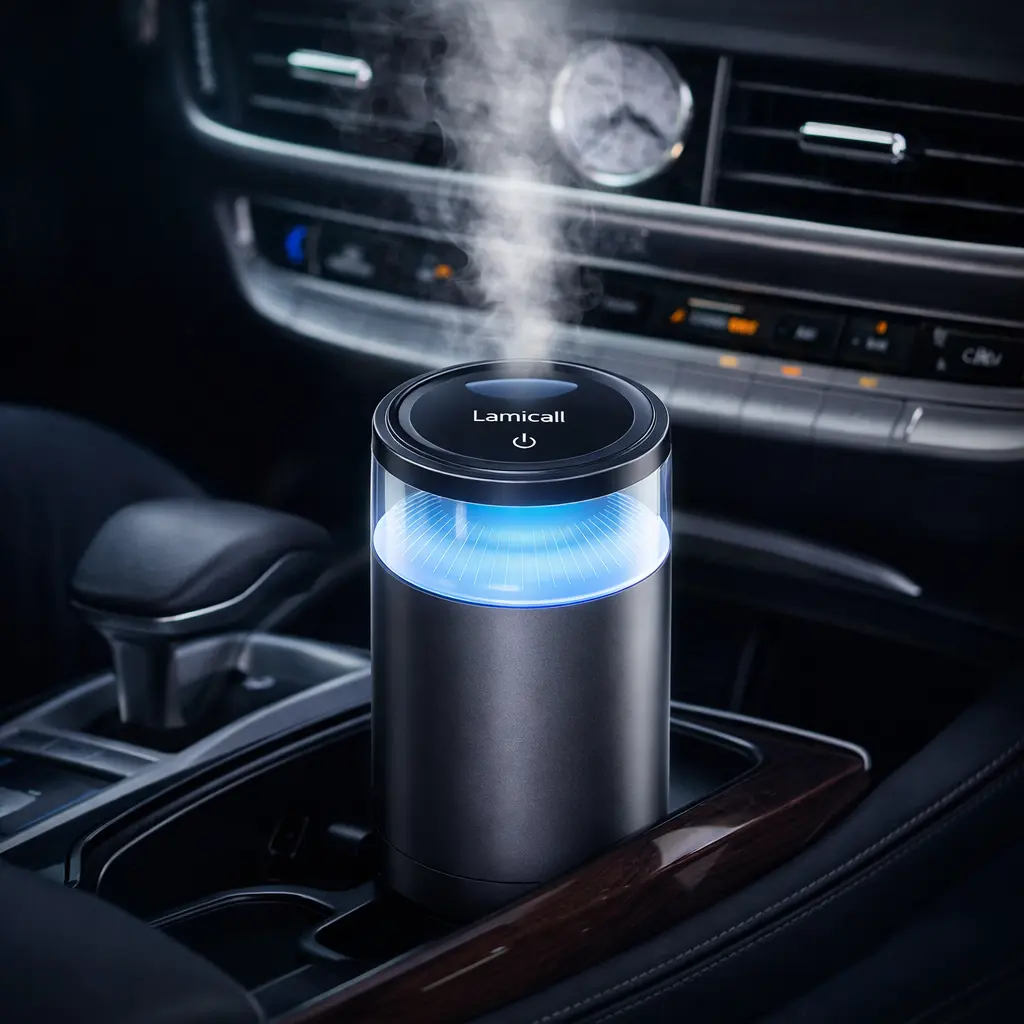 Lamicall Smart Car Air Freshener Diffuser, Cloud Mist Aroma Diffuser with Leak-Proof Auto Shut-Off, Soft Ambient Light, Alpine Fresh Solid Fragrance, Long-Lasting Scent for Car Home Office, Car Deodorizer, Car Aromatherapy Machine