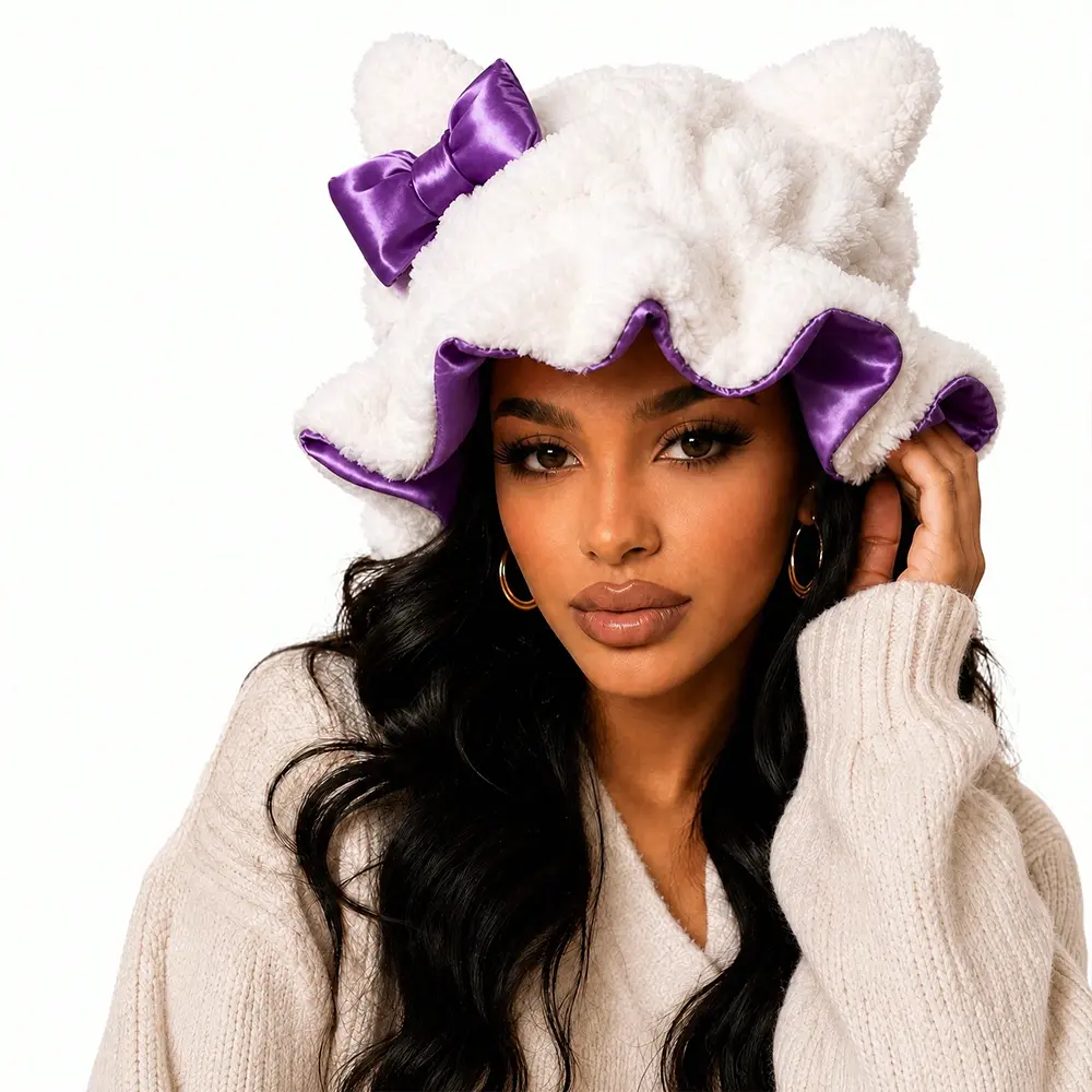Luxury Fluffy Cute Teddy Plush Silk Bonnet - Double-Sided Satin-Lined, Soft Breathable Haircare Protection Bonnet for Hair Health, Bonnet Silk