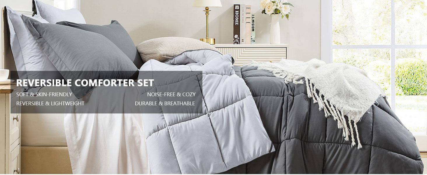 Homelike Moment Reversible Luxury Comforter Set 3Pcs Double Sided Lightweight Soft Down Alternative All Season Bedding with 2 Shams Duvet Puffed Quilt Dorm Decor Machine Washable, Christmas Gifts