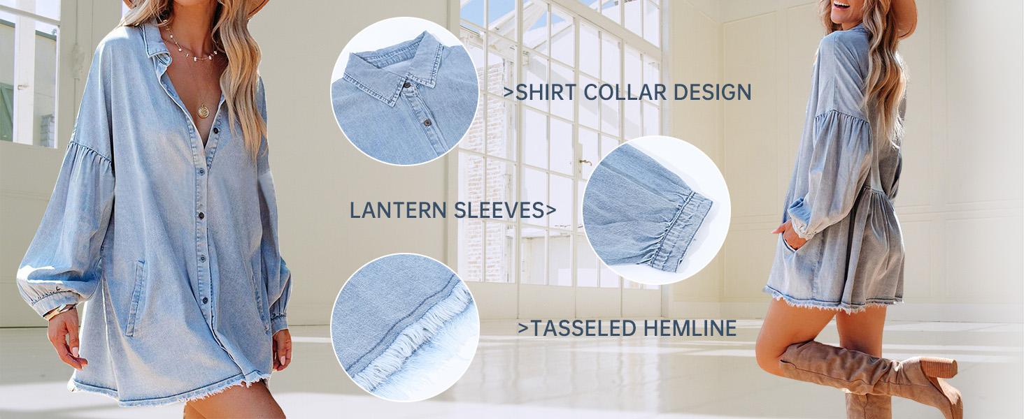 UTCOCO Women's Collared Long Sleeve Oversized Distressed Denim Button-Down Shirt Tunic Dress, Comfortable Flowy Mini Jean Dress with Pockets, Perfect Fit for Everyday Wear