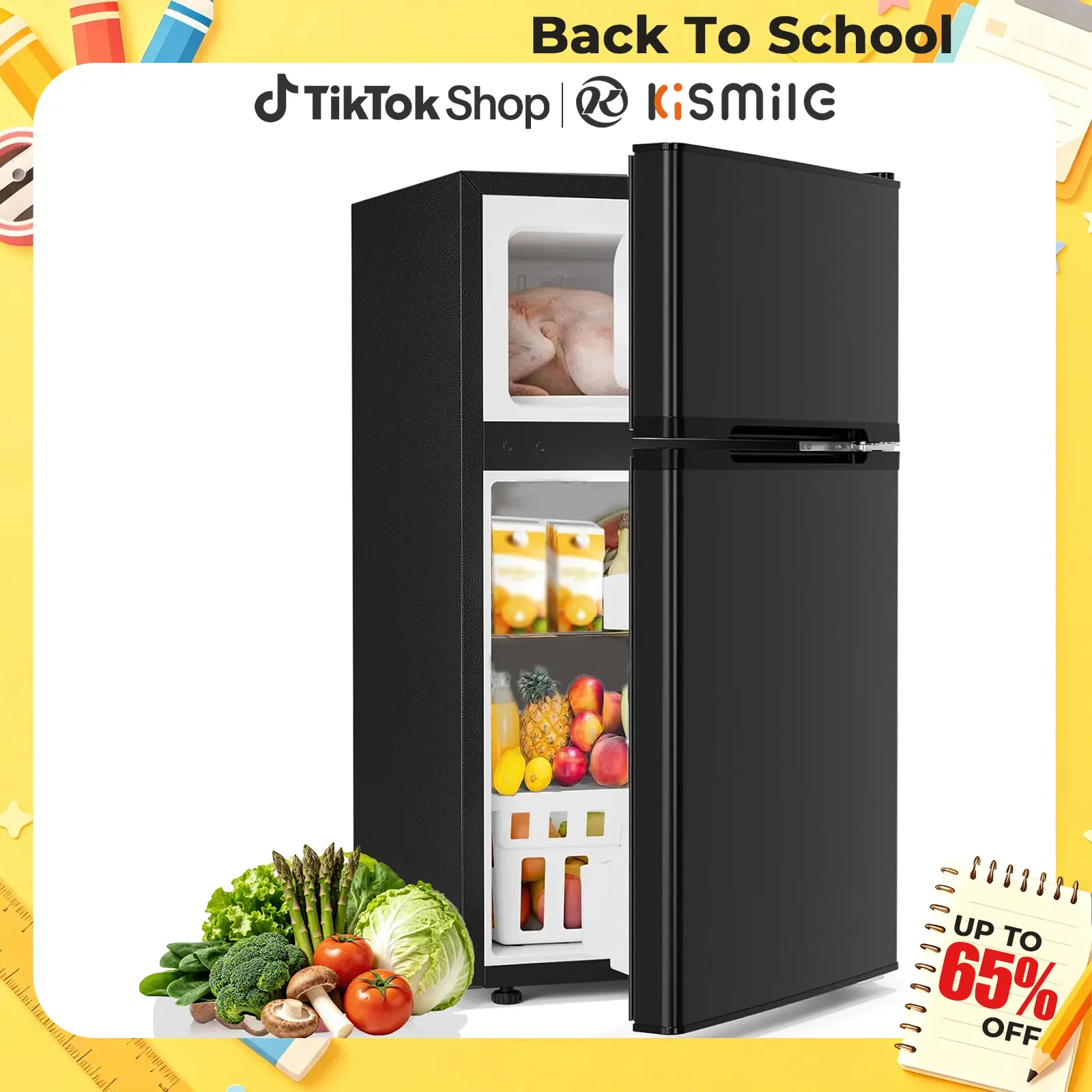 【Back To School】Kismile 3.2 Cu Ft 2-Door Compact Refrigerator with Freezer, Fridge Drawer, Adjustable Shelf, Thermostat – Silver for Bedroom, Office, Two-Door Mini Freezers,home essentials