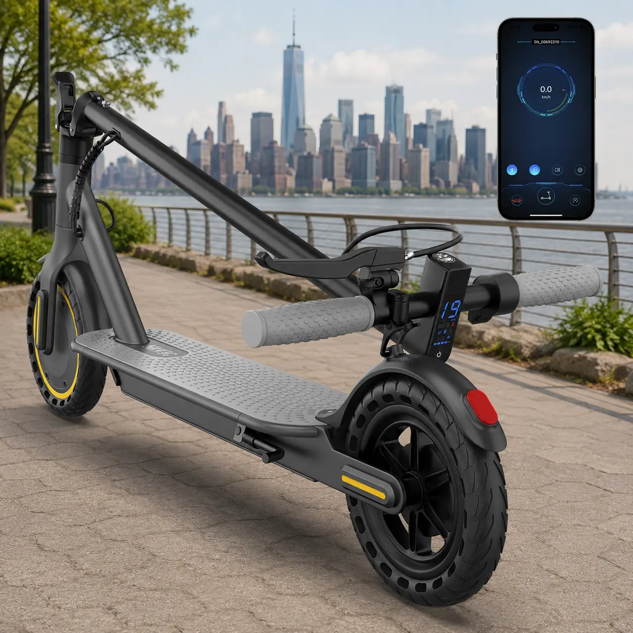 Adult Foldable Electric Ride-On Scooter, 350W, 19MPH, Dual E-ABS & Drum Brake, Bluetooth, Cruise Control Switch, 3 Second Fast Folding, APP Control, 8.5" Solid Tire, 265LBS Max Load, Real-Time Speed/Mileage/Battery Check Commuter E-Scooter, Ride-On Scoote