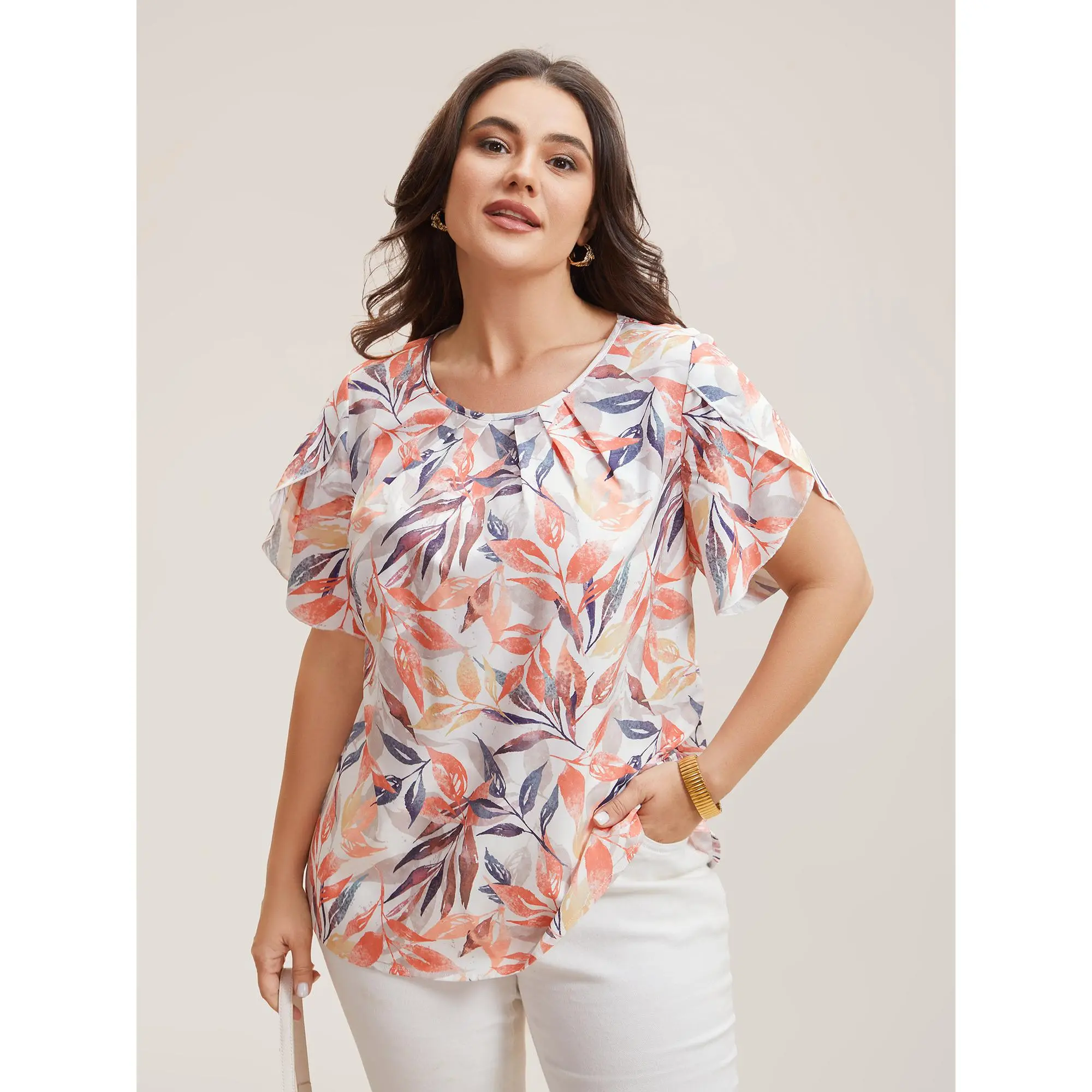 【Summer Turn-Up】【Essential】BlOOMCHIC Plus Size Floral Petal Sleeve Pleated Shirt [M-6X] 2026 Summerfinds