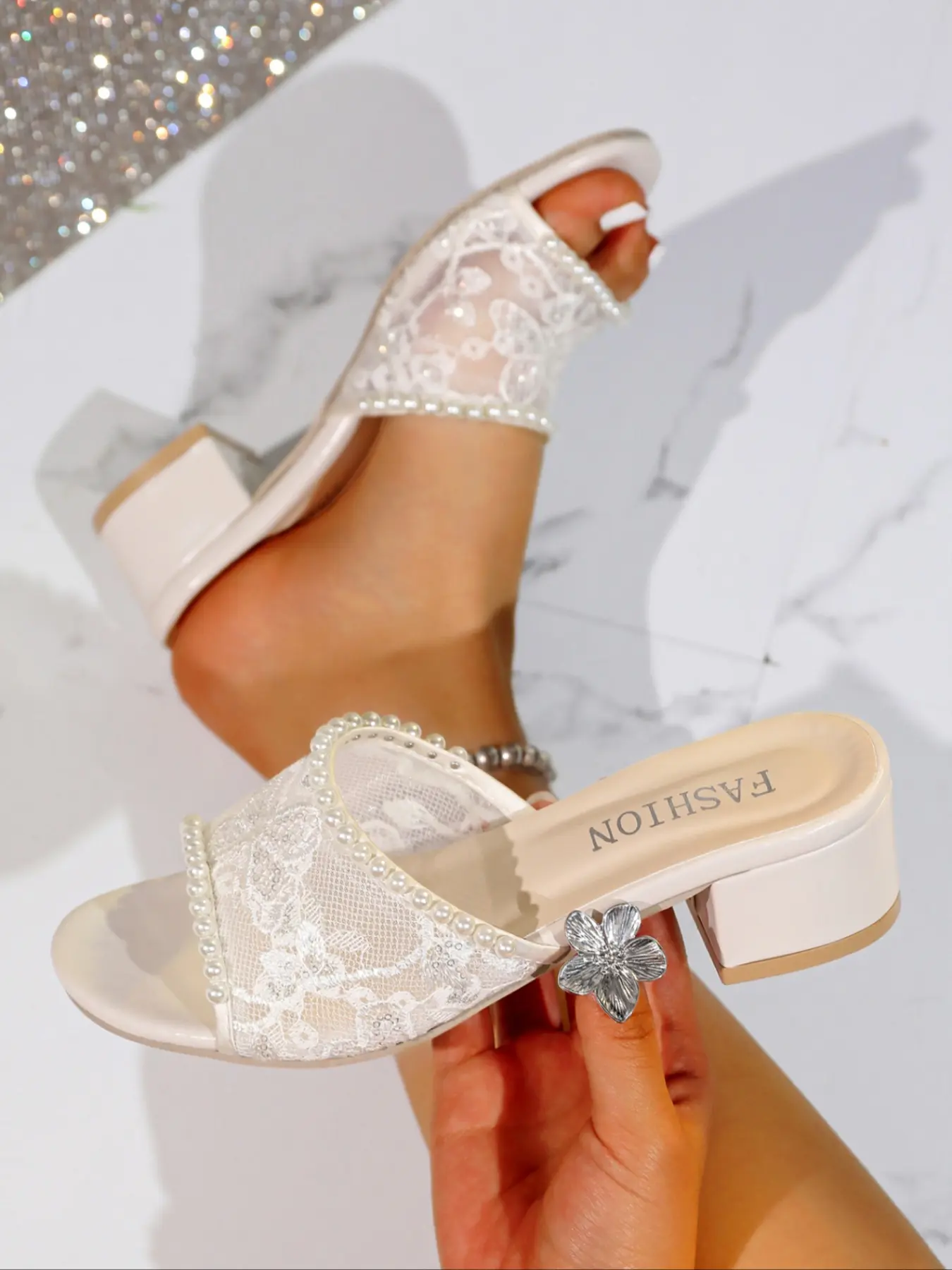 Women's White Lace & Pearl Trim Block Heel Mule Dress Sandals - Bridal Wedding Footwear Open Toe Slip-On Heels #bridalshoes #whiteheels #blockheels #tiktokshoefinds #lacesandals