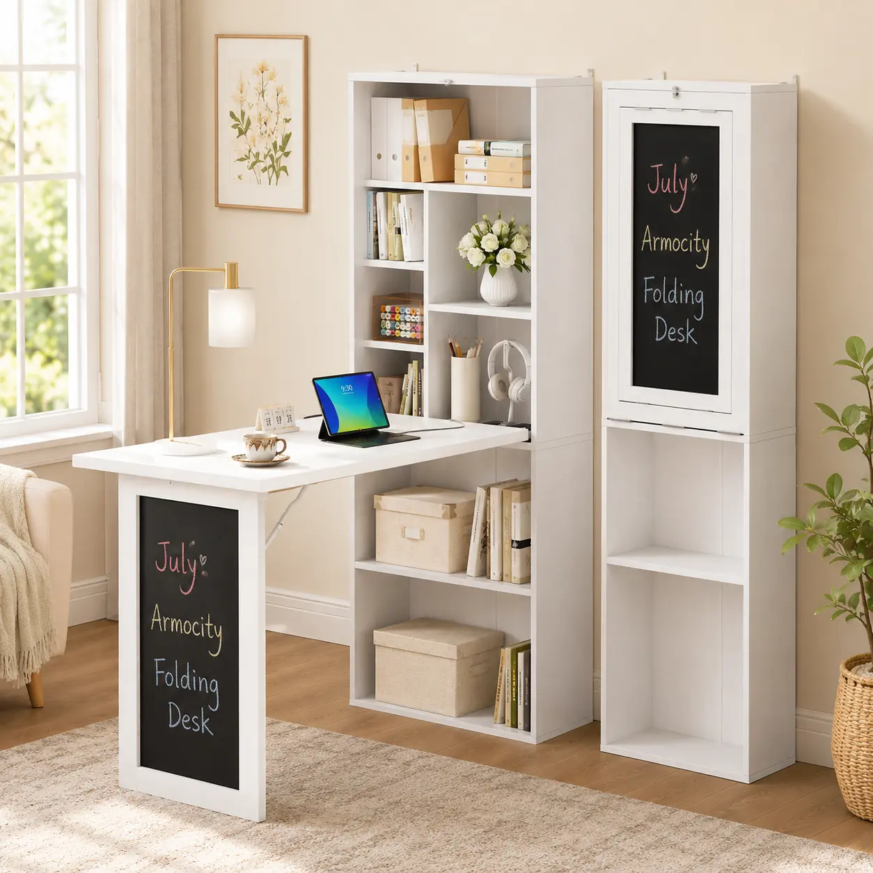 Multi Functional Folding Worktable - Modern Wood Desk with Foldable Top, 20”W, 5 Storage Shelves, Outlets, Blackboard, Wall Mounted for Small Spaces, Office Furniture, Laptop Pc Desks