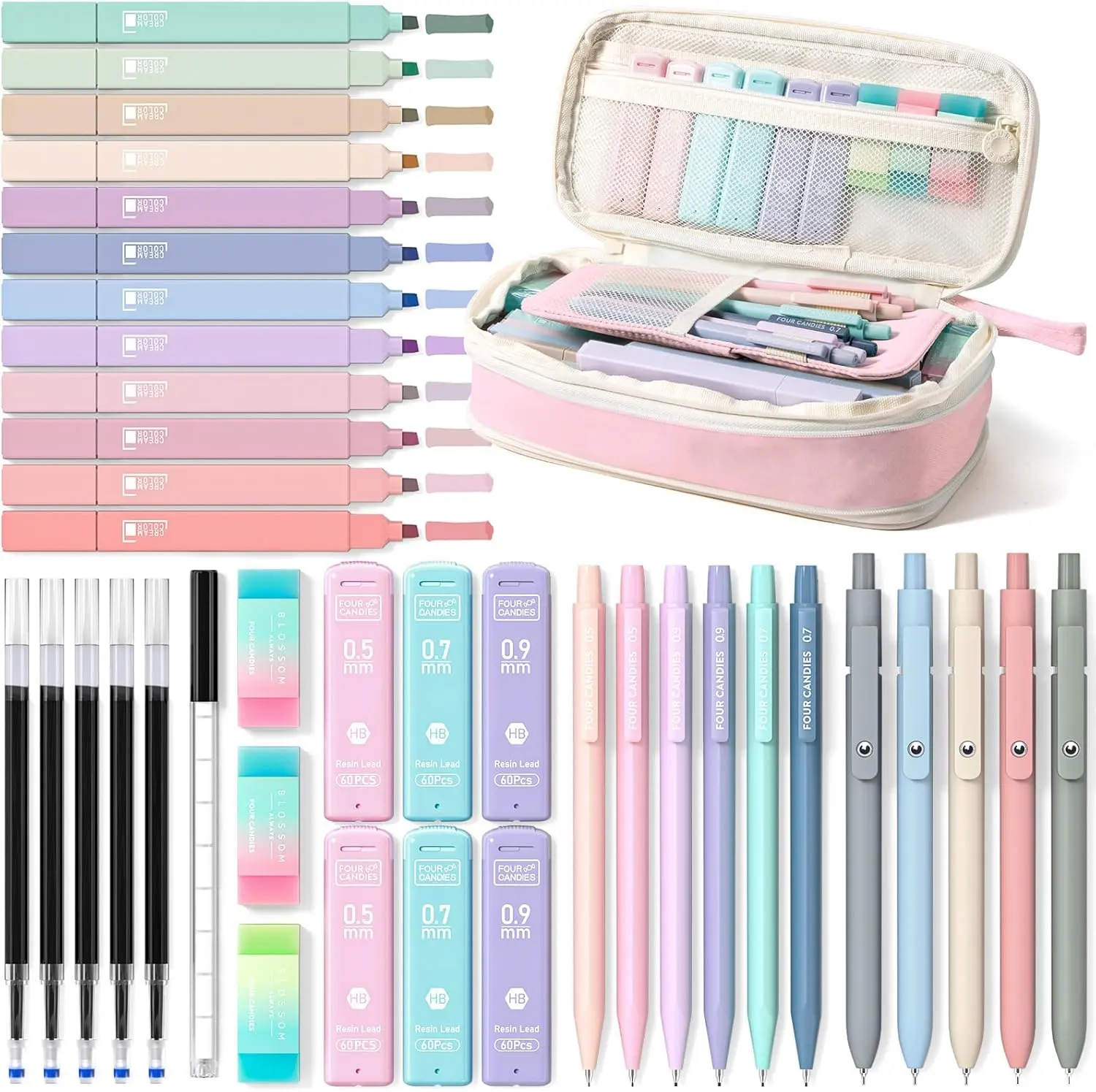 FourCandies 39PCS Aesthetic School Supplies: 6 Mechanical Pencils , 5 Gel Pens, 12 Highlighters, Cute Girly Stationery for Exam Writing & Drawing, fun desk supplies Stationery, Essentials for College & Nursing Students, gren for first day of school