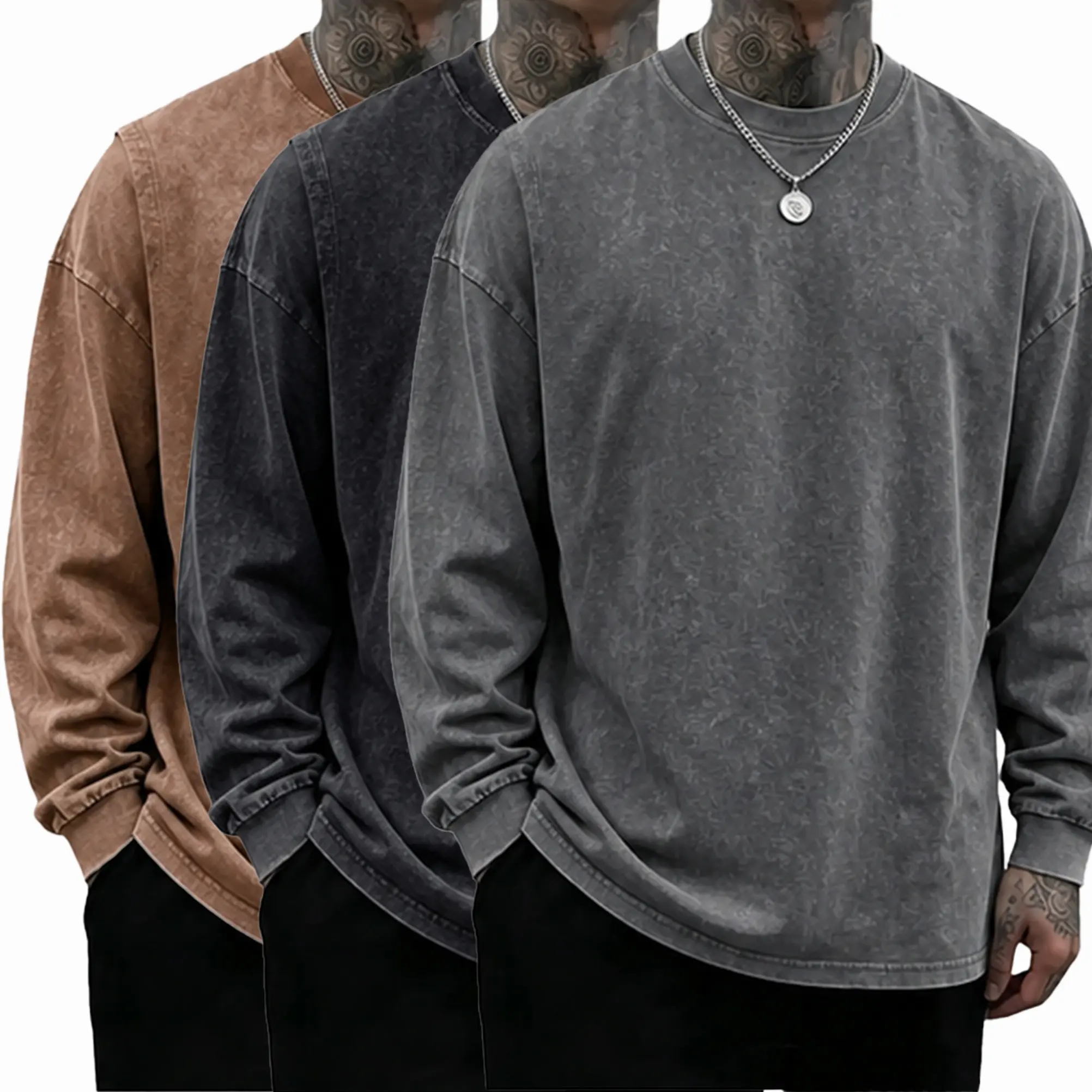 Men’s—washed, distressed cotton long-sleeve crewneck sweatshirt, athletic sweatshirt, crewneck long sleeves, back-to-school season, back-to-school shopping, washed finish tshirts unisex  vintage   Oversized  fabric  Crew streetwear fi car   wash black
