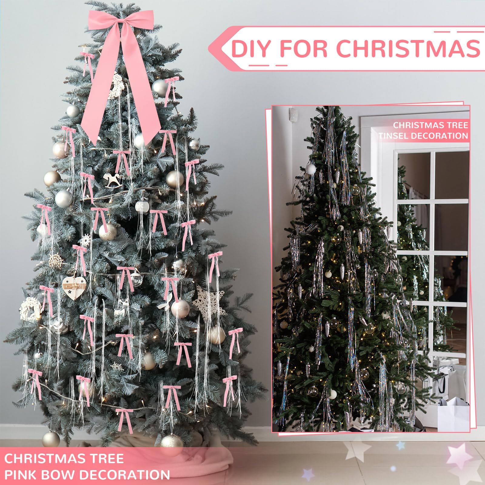 Christmas Clearance Sale Valentine's Day Decor Velvet Bows Christmas Tree Topper Bows & Tinsel Set Christmas Ornaments Bows for Xmas Tree Holiday Home Wedding Party Outdoor Christmas Decor Christmas Gifts, Gif Wrapping & DIY Project