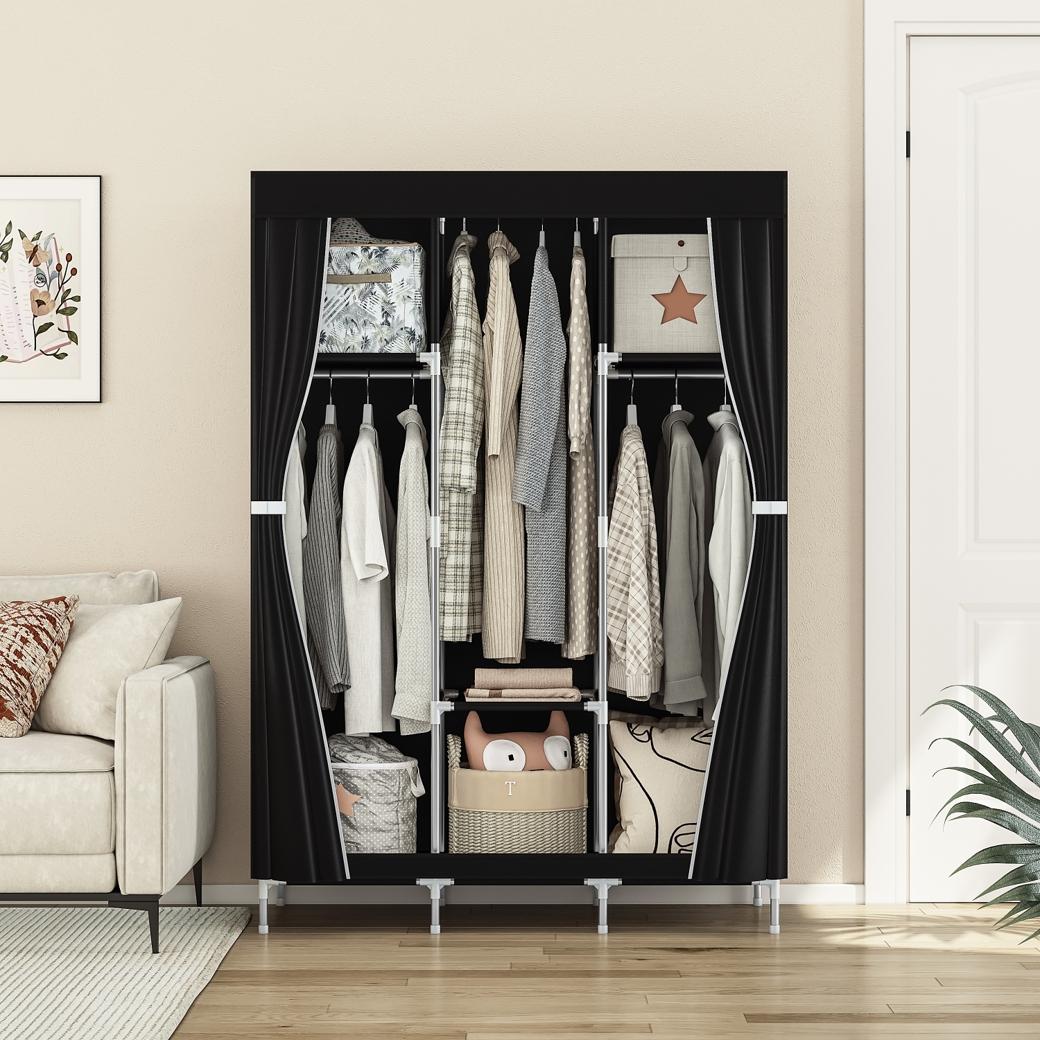 Portable Storage Organizer Wardrobe Closet for Bedroom Metal Hanging Rack Non-Woven Fabric Black(41.34'' *17.32'' *61.42'')