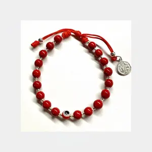 Sterling Silver Eye Bracelet with Red Beads and Red Cord