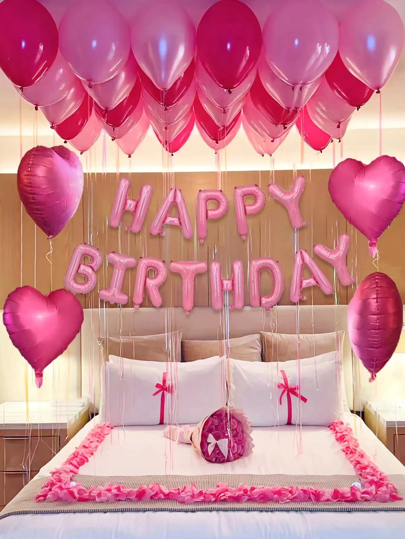 247pcs Pink Happy Birthday Balloon Garland Kit, Letter Banner + Hot Pink Heart Foil Balloons, Rose Petals Set, Romantic Party Decor for Birthday, Wedding, Anniversary, Valentine’s Day, Photo Booth Backdrop Supplies