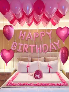 247pcs Pink Happy Birthday Balloon Garland Kit, Letter Banner + Hot Pink Heart Foil Balloons, Rose Petals Set, Romantic Party Decor for Birthday, Wedding, Anniversary, Valentine’s Day, Photo Booth Backdrop Supplies