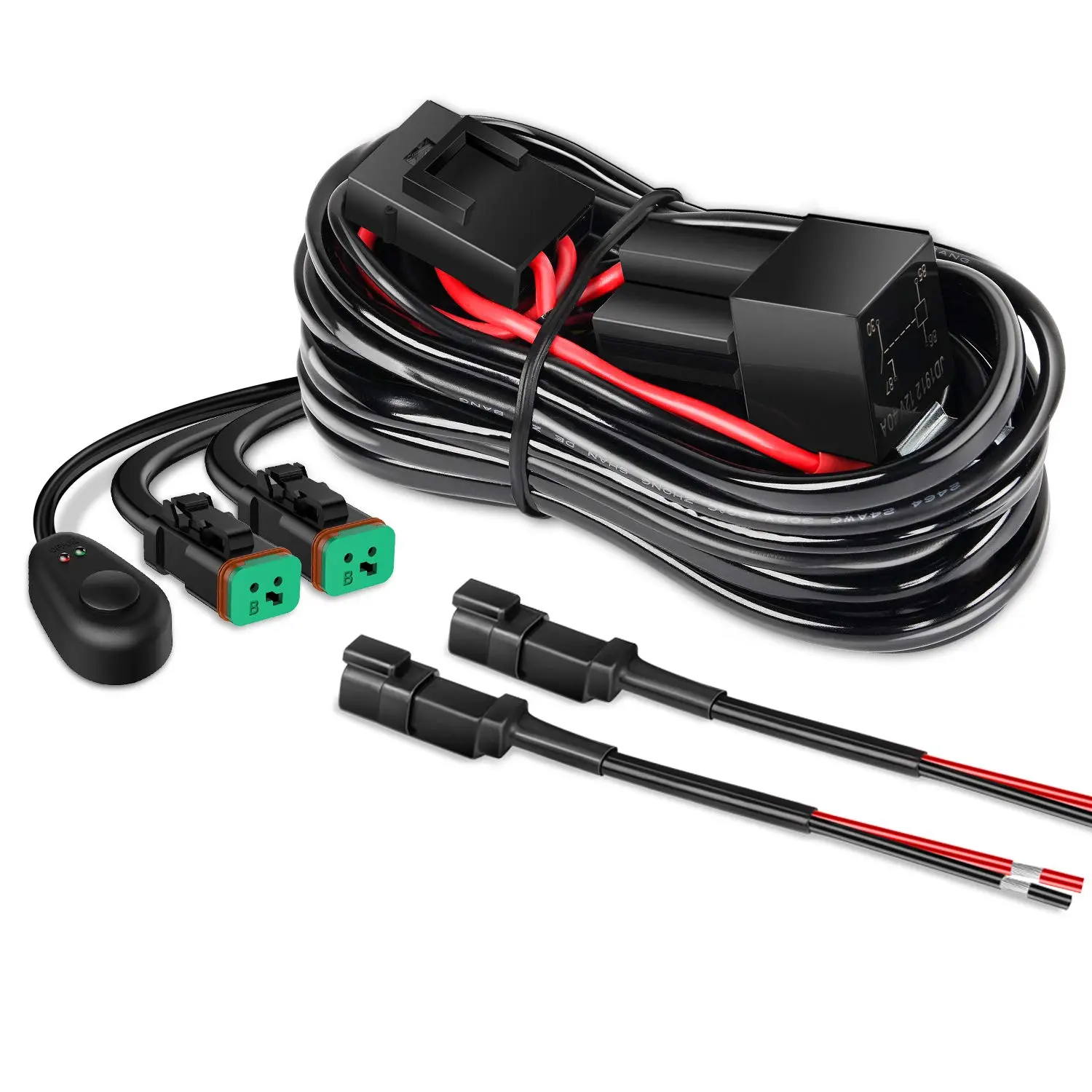10036W 14AWG 11.5Ft Waterproof DT Connector Copper Core Wiring Harness Kit with 12V On-Off Mouse Switch, Power Relay, Blade Fuse (2 Leads) - Universal Fit for Jeeps, Motorcycles, ATV, Tanks, Off-Road Vehicles