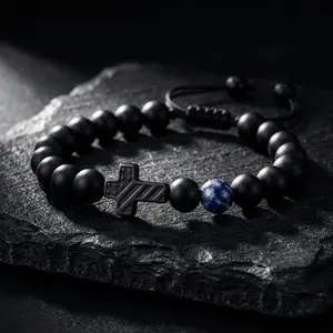Cross Beaded Bracelet with Blue Tiger Eye – Christian Gift for Teen Boys & Men, Son, Grandson, Nephew, Brother – Baptism, Confirmation, First Communion Birthday, Graduation, Christmas Gifts, inspirational message card gift Black Onyx