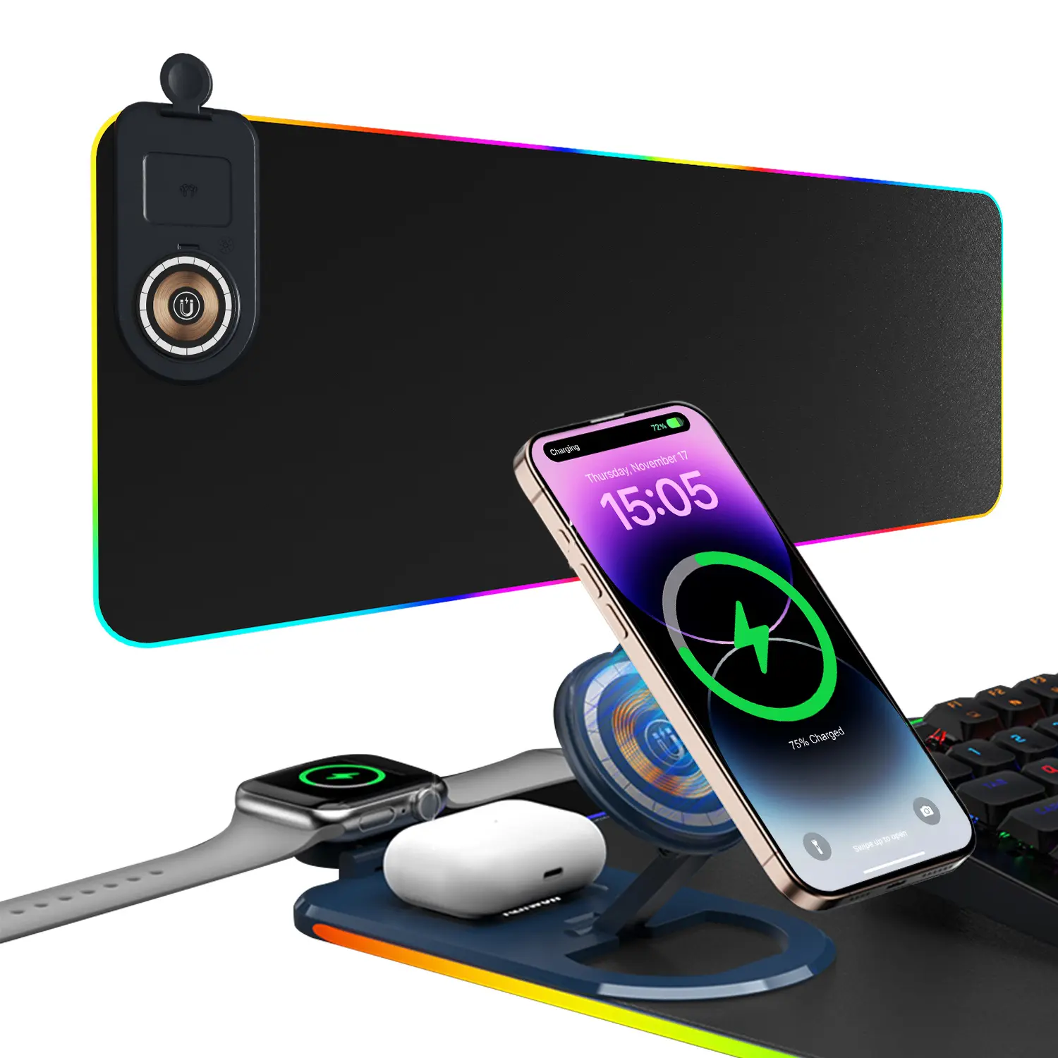 XLL RGB Mouse Pad with Wireless Charging Station, 3 in 1 Fast Wireless Charger for Phone Earbuds Watch, Extended Gaming Mouse Pad with LED Lights, Waterproof Desk Mat for PC Laptop Computer