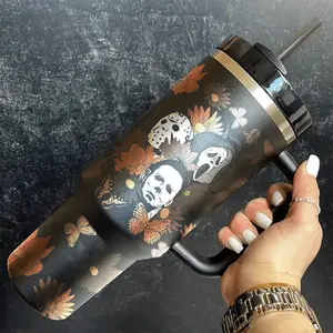 Horror Icon Mask Floral Stainless Steel Tumbler, 20oz Skinny/Curved or 40oz Handle Insulated Travel Mug with Straw Lid