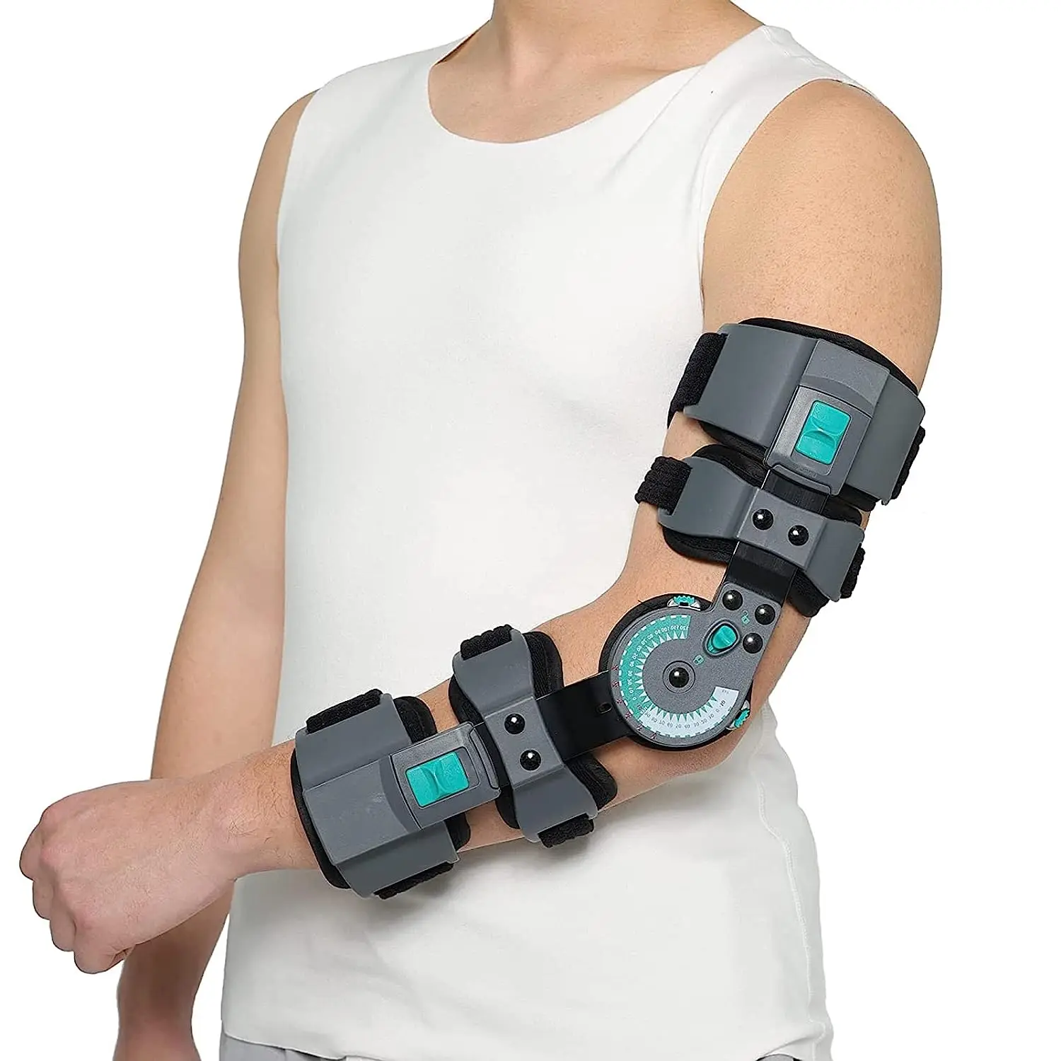 Hinged ROM Lock Elbow Brace - Adjustable Plastic-Aluminum Alloy Support, Fits Left or Right Arm, Aids Ligament Repair, Reduces Secondary Injury, Offers Safe & Controllable Progressive Protection for Adults (Tendonitis, Arthritis Relief)