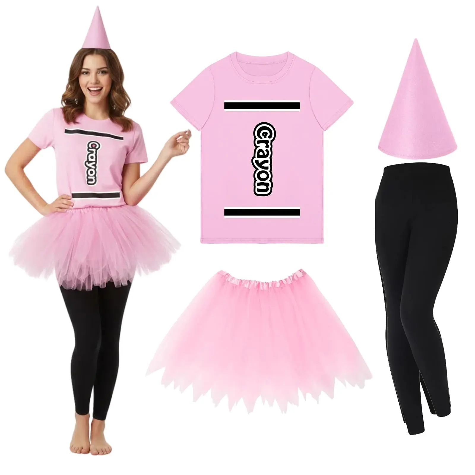 Back to School 4 Pcs Halloween Group Crayon Costume Set for Teacher Woman, Colorful Crayon T Shirt, Tutu Skirt, Gnome Hat, Leggings, Halloween Outfit for Bestie Halloween Party for Book Character Day Spirit Week Trick or Treat Photo Props Cosplay Costume