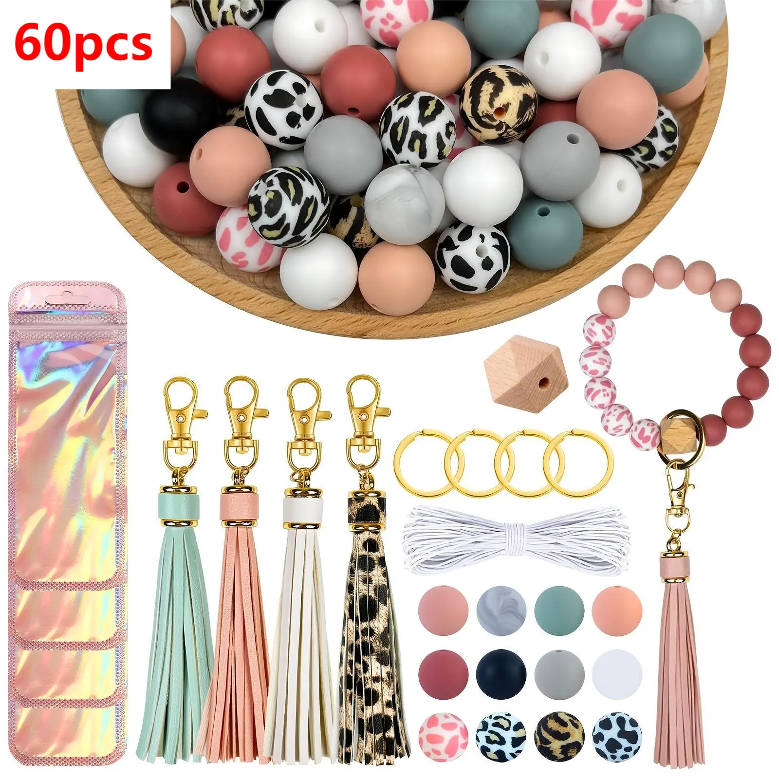 60pcs Multicolor Silicone Bead Keychains Kit - 15mm DIY Beads Charms with Key Rings & Tassels, Beading Supplies for Keychain Making