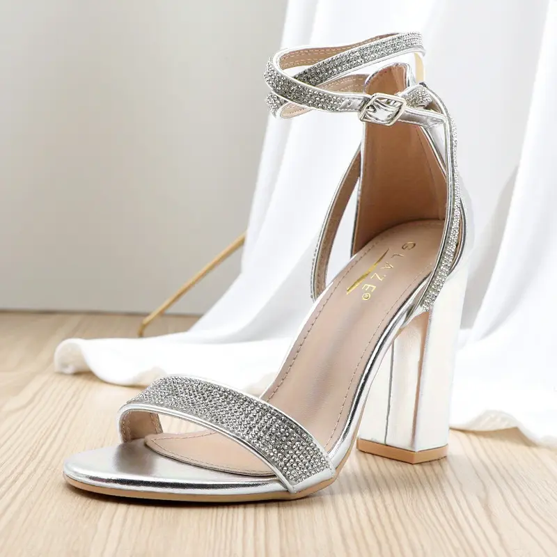 Women's Elegant Rhinestone Heeled Sandals, Open Toe Chunky Block Heels with Adjustable Buckle Strap, Classic Dressy Shoes for Wedding & Party, Rubber, Heels For Women, Pu Leather
