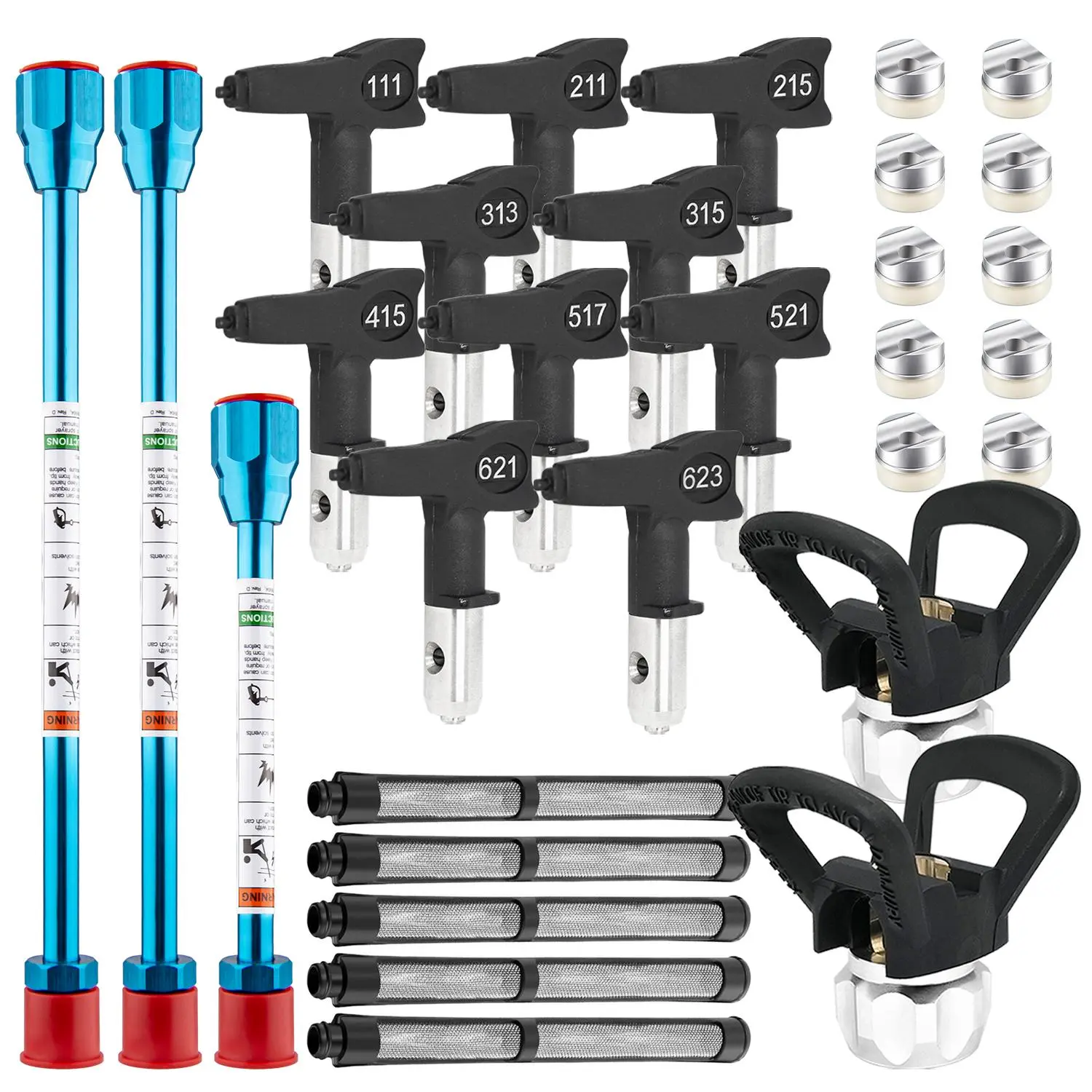 20-Piece Airless Paint Sprayer Gun Parts Kit, Paint Sprayer Accessories - 10 Reversible Nozzles and Tip Seats + 3 Extension Rods + 2 Drip-Free Twist-On Tip Guards + 5 Spray Gun Filters, for Spraying Coatings such as Latex Paint