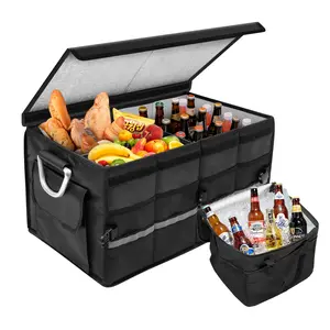 Car Trunk Organizer with Cooler, Collapsible Multi Compartment, 1680D Oxford Collapsible SUV Trunk Organizer with Leakproof Insulated Bag, Non Slip Bottom, Securing Straps, Soft Cover