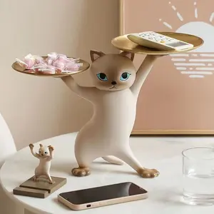 Homary Modern Cat Resin Figurine with Gold Desk Storage Tray