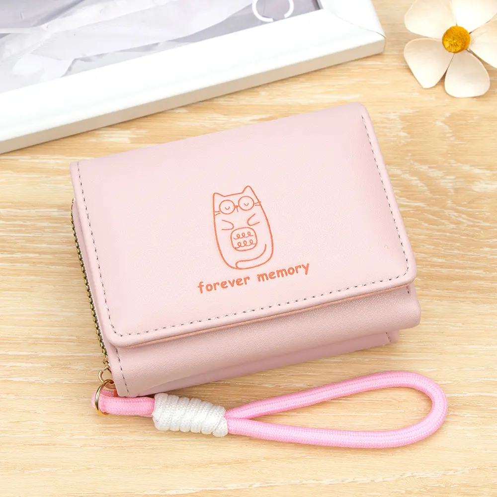 Women's W02 Cute Kitten Hanging Rope Short Wallet - Large Capacity Zipper Card Bag, Portable Trendy Hand-Held Wallet for Casual Wear, Wallets Women