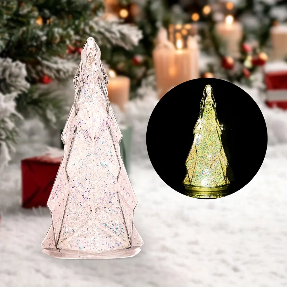8-in Shiny LED Lighted Glass Christmas Tree, Festive Cordless Dry Battery-Powered Mini Tabletop Decor, 6-Hour Cycle Flashing & Steady Modes, Timer Function (1 Pack)
