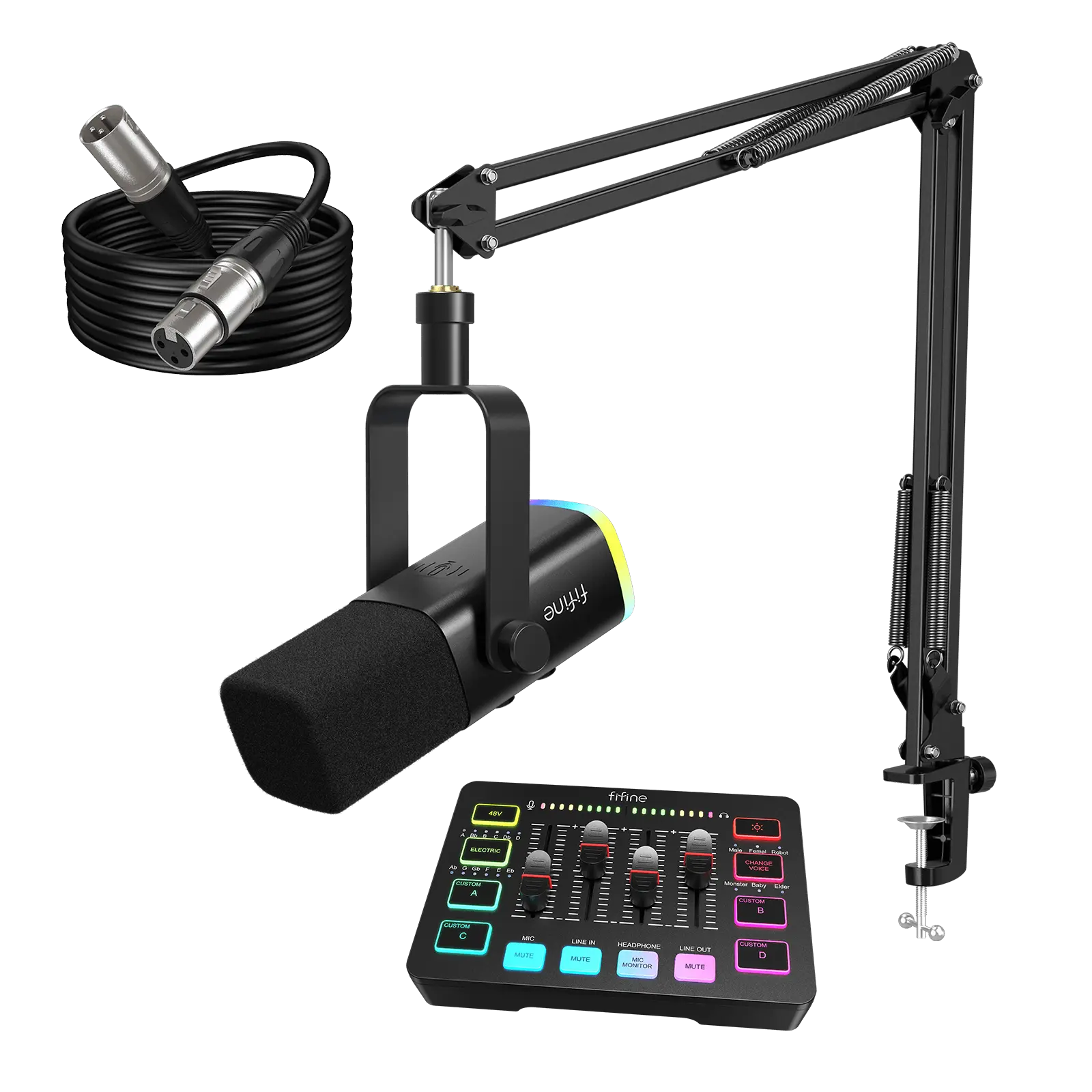 fifine Gaming Streaming Bundle with Boom Arm, AM8 Dynamic XLR/USB Gaming Mic Set with SC3 Streaming Audio Mixer for Podcast Recording, Video, Vocal, Content Creators, Gamer microphone Set with Volume Fader/XLR Interface for PC / Smartphone