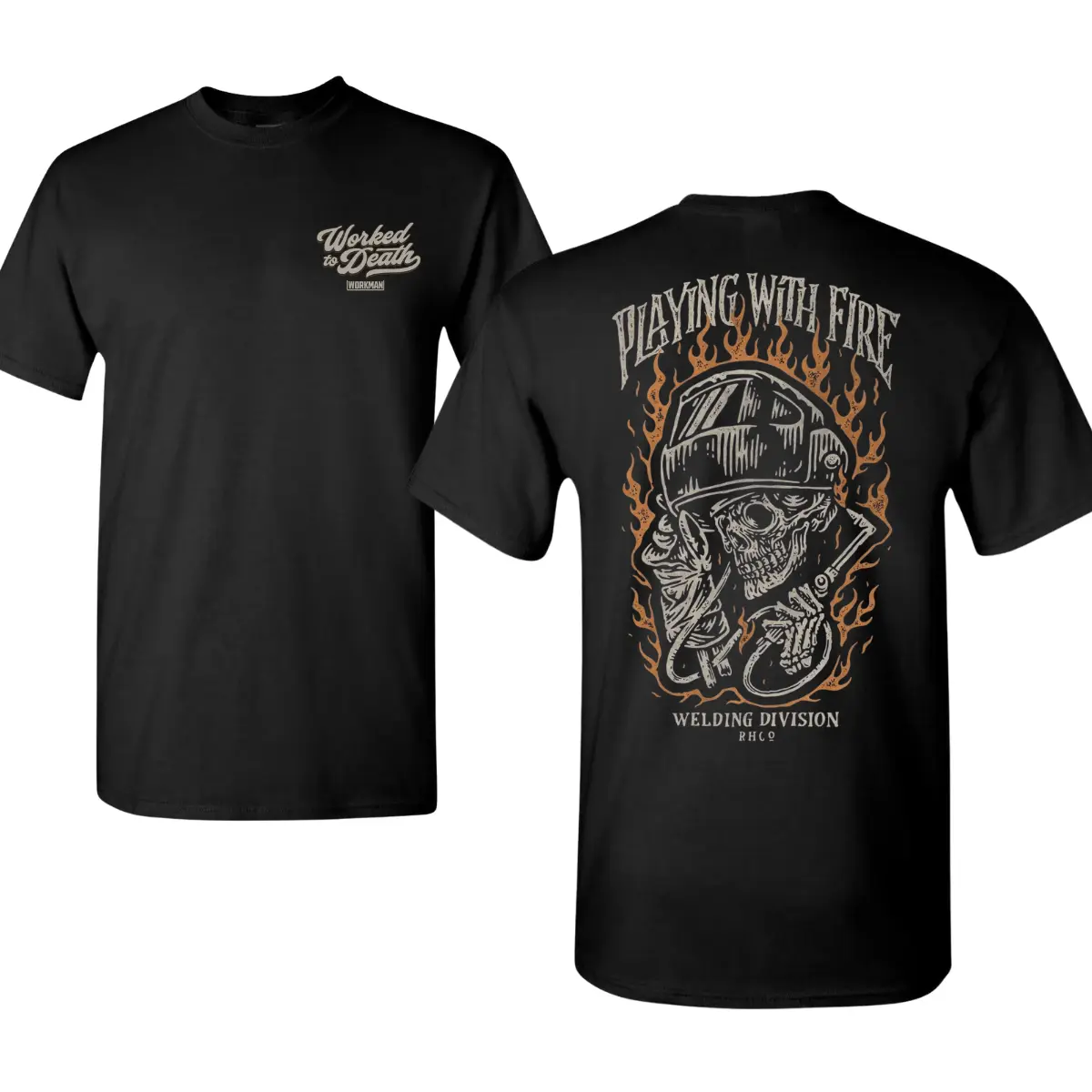 Worked To Death Playing With Fire Shirt, Skull Welder Graphic Tee, Flaming Welding Helmet Back Print, Vintage Welding Division Design, Small Chest Logo Front, Soft Cotton Blend T Shirt, Blue Collar Workwear for Men & Women, Gift for Welders