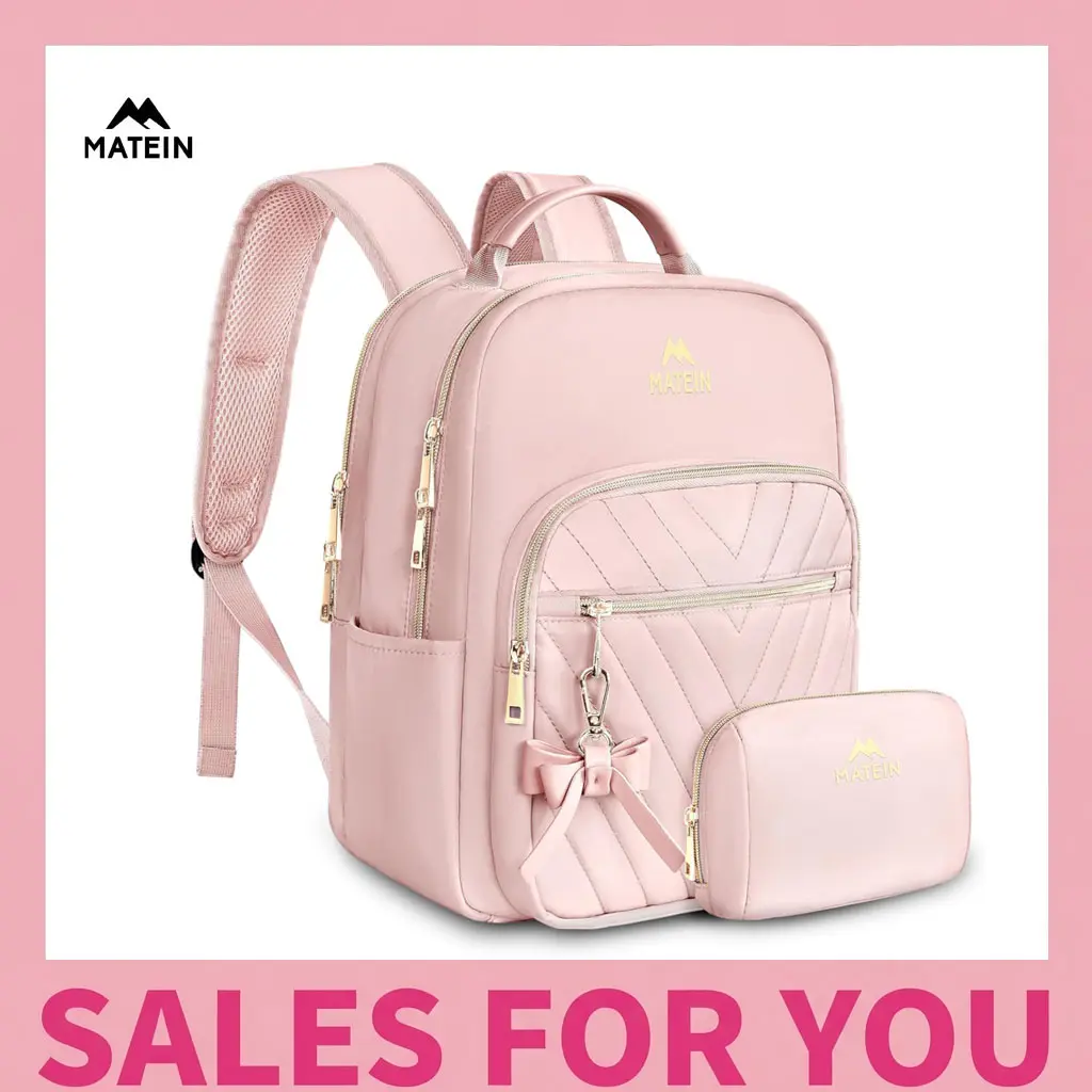 MATEIN Women's 2-Piece Organized Daypack Set - Cute, Stylish, Lightweight, Durable Polyester Backpack with Waterproof Zipper & Bow Decor, Mini Shoulder Bag for Girls' School, Travel, Beige, Trendy Backpacks, Stylish Daypacks, Portable Lightweight Backpack