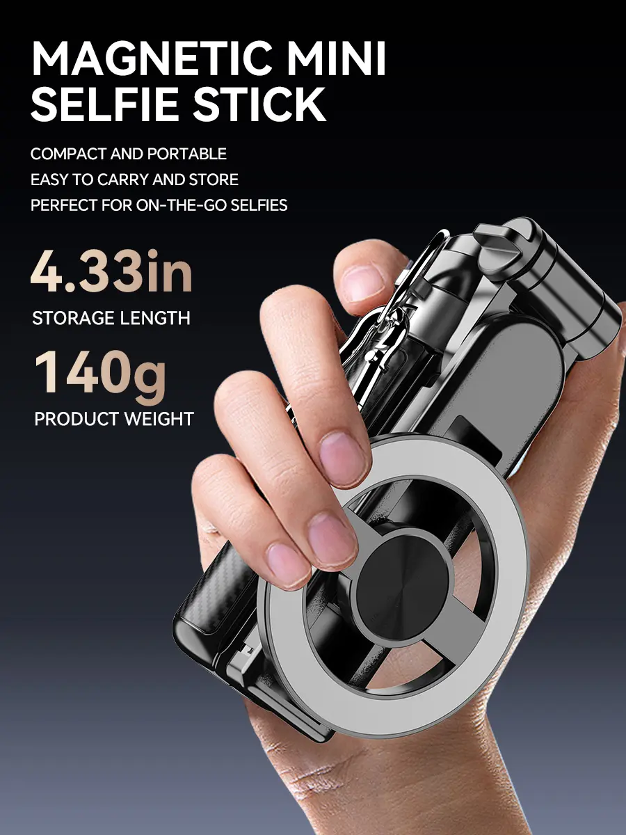This 4-in-1 magnetic selfie stick tripod comes with a remote control and telescopic rod. It's a magnetic phone holder perfect for travel vlogging, a portable phone tripod suitable for smartphones, tablets, and action cameras.