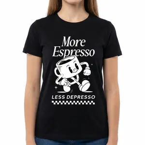 Funny More Espresso Less Depresso Graphic T-Shirt Retro Coffee Mascot Tee Y2K Aesthetic Shirt Casual Sweet Wear Trendy Everyday Outfit Men Women Vintage Humor Top Coffee Lover Gift