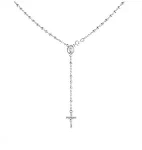925 Sterling Silver Diamond Cut Italian 4mm Rosary Beads Chain with Cross Necklace 24" Rosario