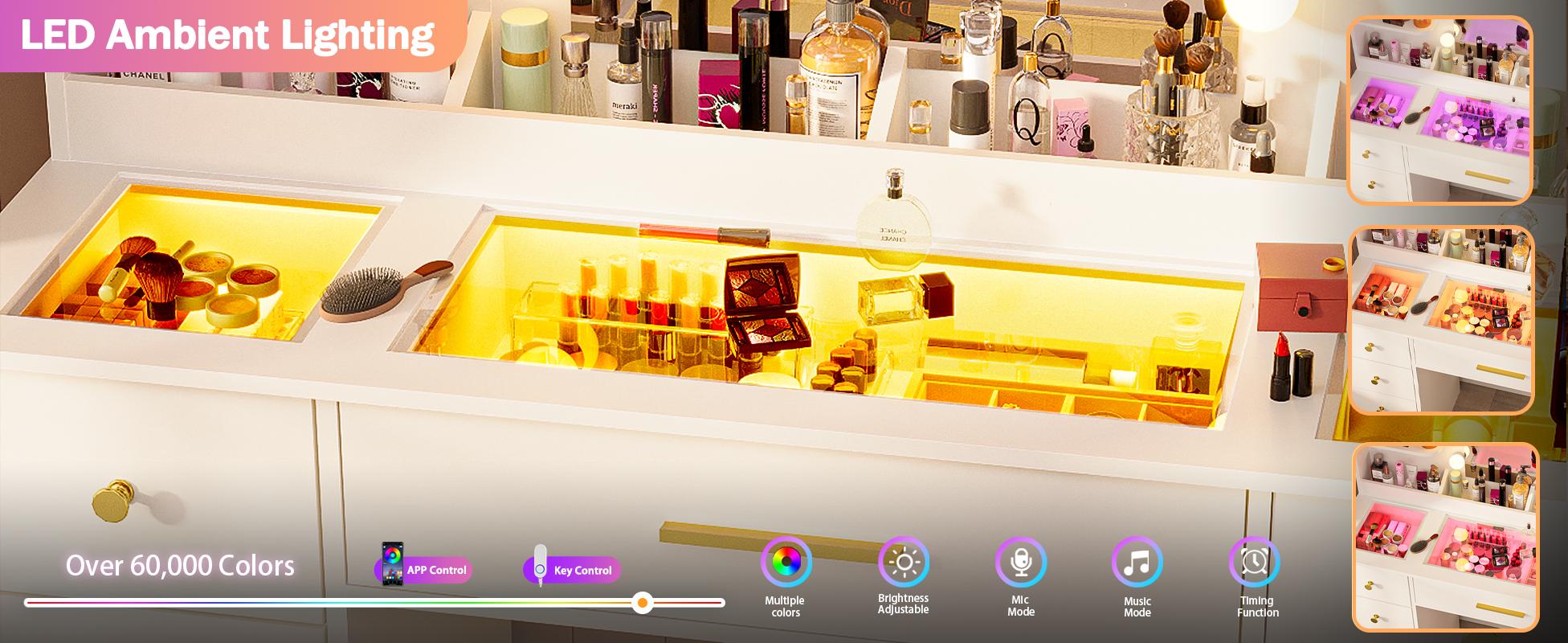 Dresser with Mirror, 3-Color Adjustable LED Lights & Power Outlets Makeup Vanity with 9 Drawers & 6 Storage Shelves For Bedroom & Dressing Room (White)