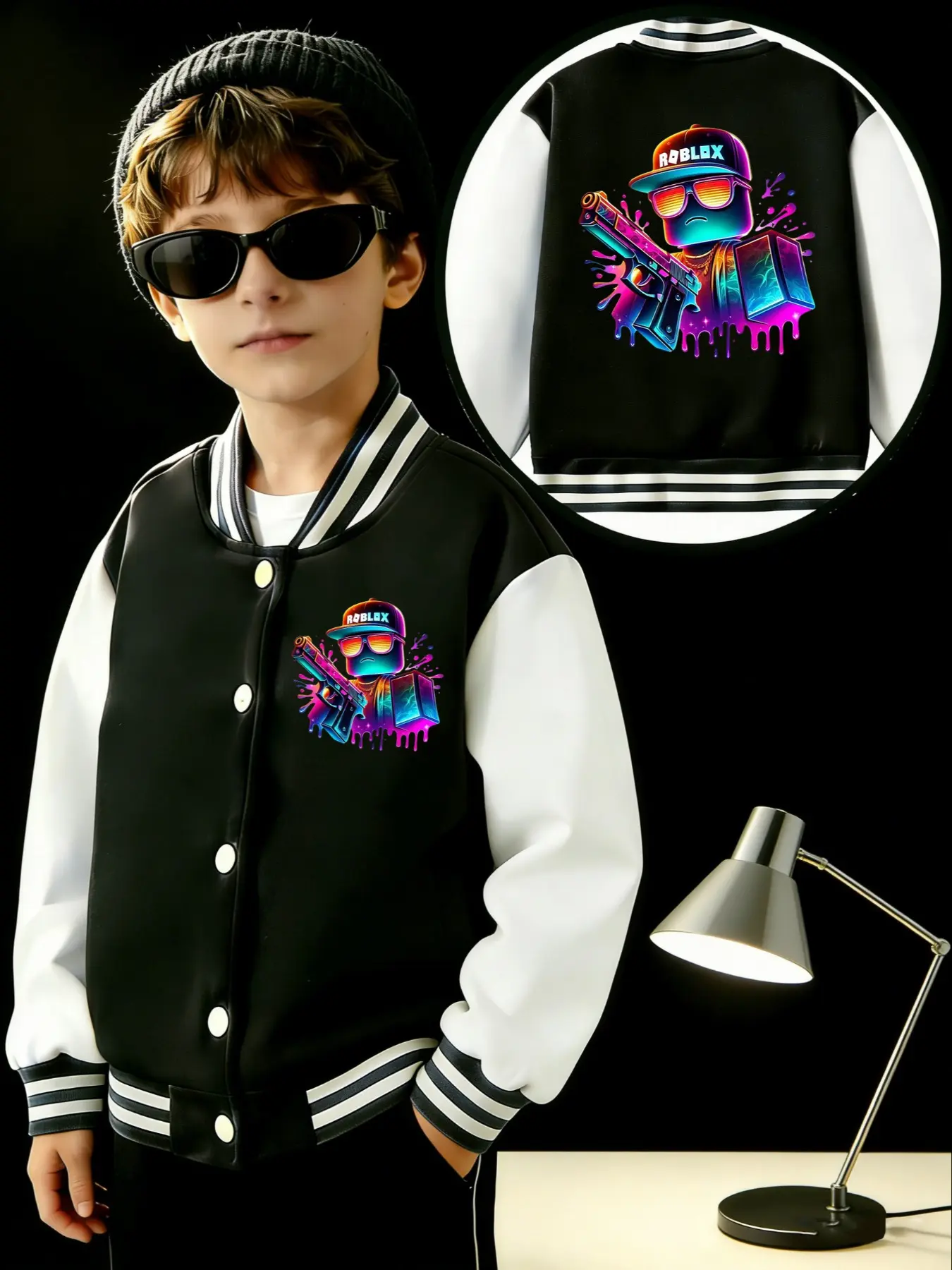 Roblox Boys Short Baseball Jacket Coat, Zip Up Jacket, Fitted Style, Casual Sports School Uniform, Letter Pattern Design, Letter Print Jacket, Elastic Fabric, Kids Outdoor Indoor Activities