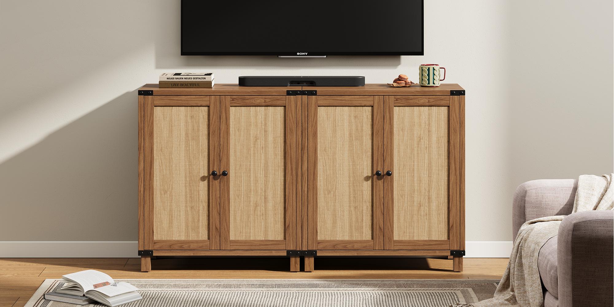 【Valentine's Day gift】ONBRILL 31.5" Sideboard Buffet Cabinet with Storage, Rattan Style Credenza with 2 Soft-Close Doors & Adjustable Shelves, Accent Cabinet for Living Room, Hallway, Kitchen