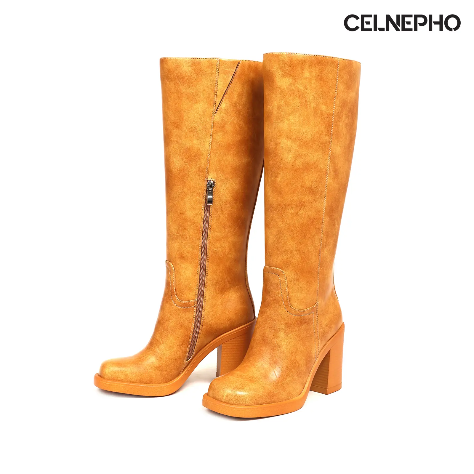 CELNEPHO Womens Knee High Boots Banana Boot Square Toe Chunky Block Heel Side Zipper Closure Comfy Wide Calf Easy Pull on Party Everyday Wear Work Casual Vintage Dressy Long Tall Fashion Shoes