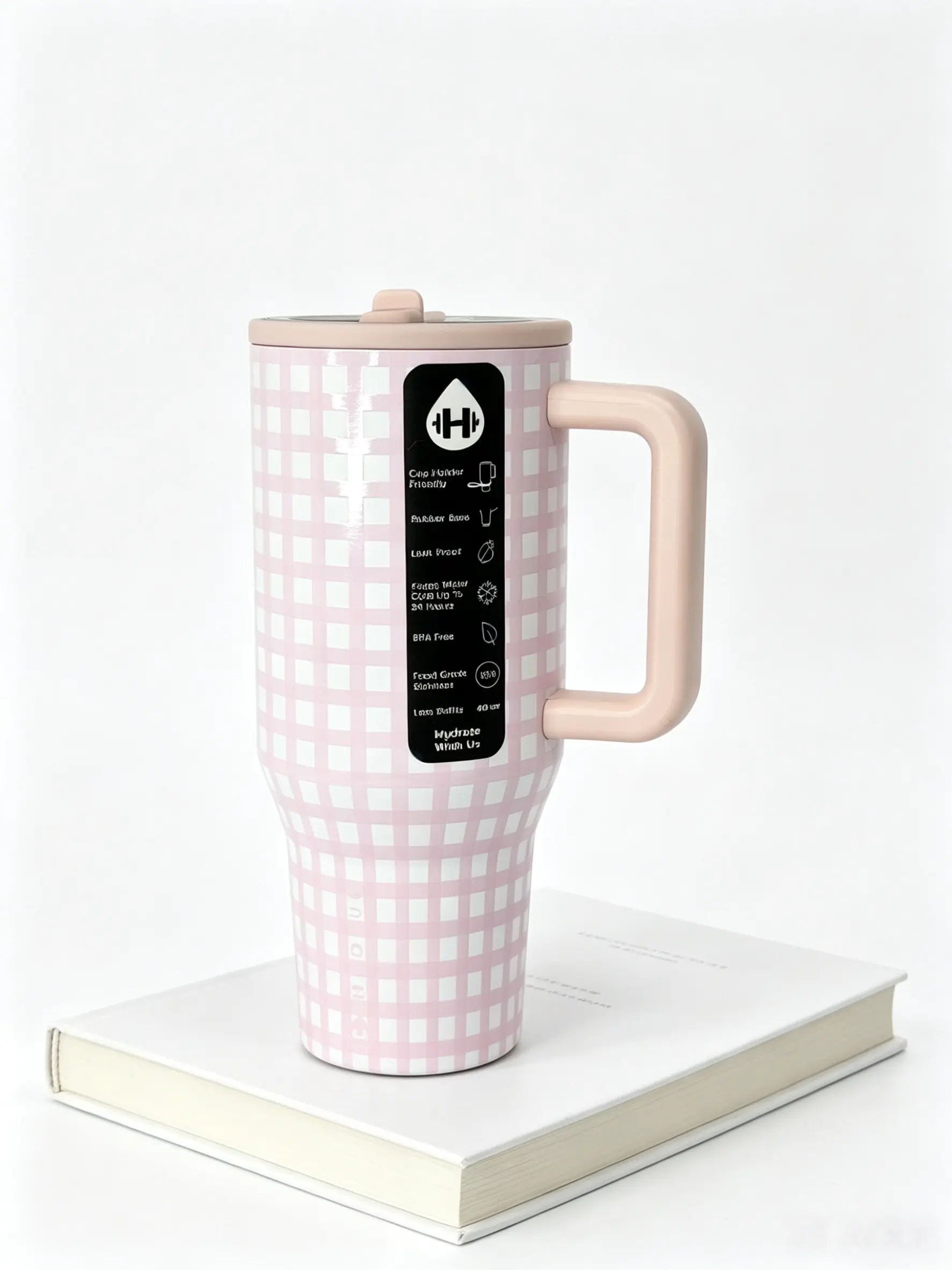 HydroJug 40oz Capacity Tumbler Shape Pink Gingham Leakproof Tumbler - BPA-Free Stainless Steel Insulated Flask, Portable Washable Anti-Scalding Travel Drinkware for Coffee, Tea, 1,000-2,000 ml for Travelers