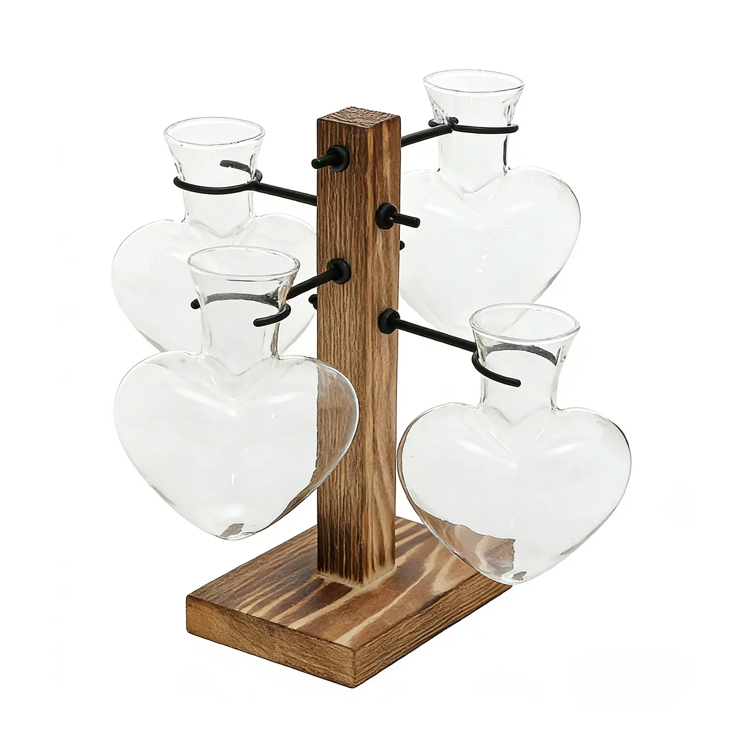 8.5 in Transparent Heart-Diamond Style Glass Vases Set with Metal Accents & Solid Wood Stand, Hydroponic Safe for Multi-Plant Setup & Root Visibility, Decorative Home Decor Gift for Mother's Day, Christmas