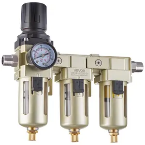 【Father's Day gift】VEVOR Air Compressor Filter Regulator, 3/8" NPT 3-Stage Air Compressor Water Separator with 5μm/1μm/0.01μm Micron Filter Elements, Semi Auto Drain Air-Drying System 145PSI Max Pressure, Poly Bowl