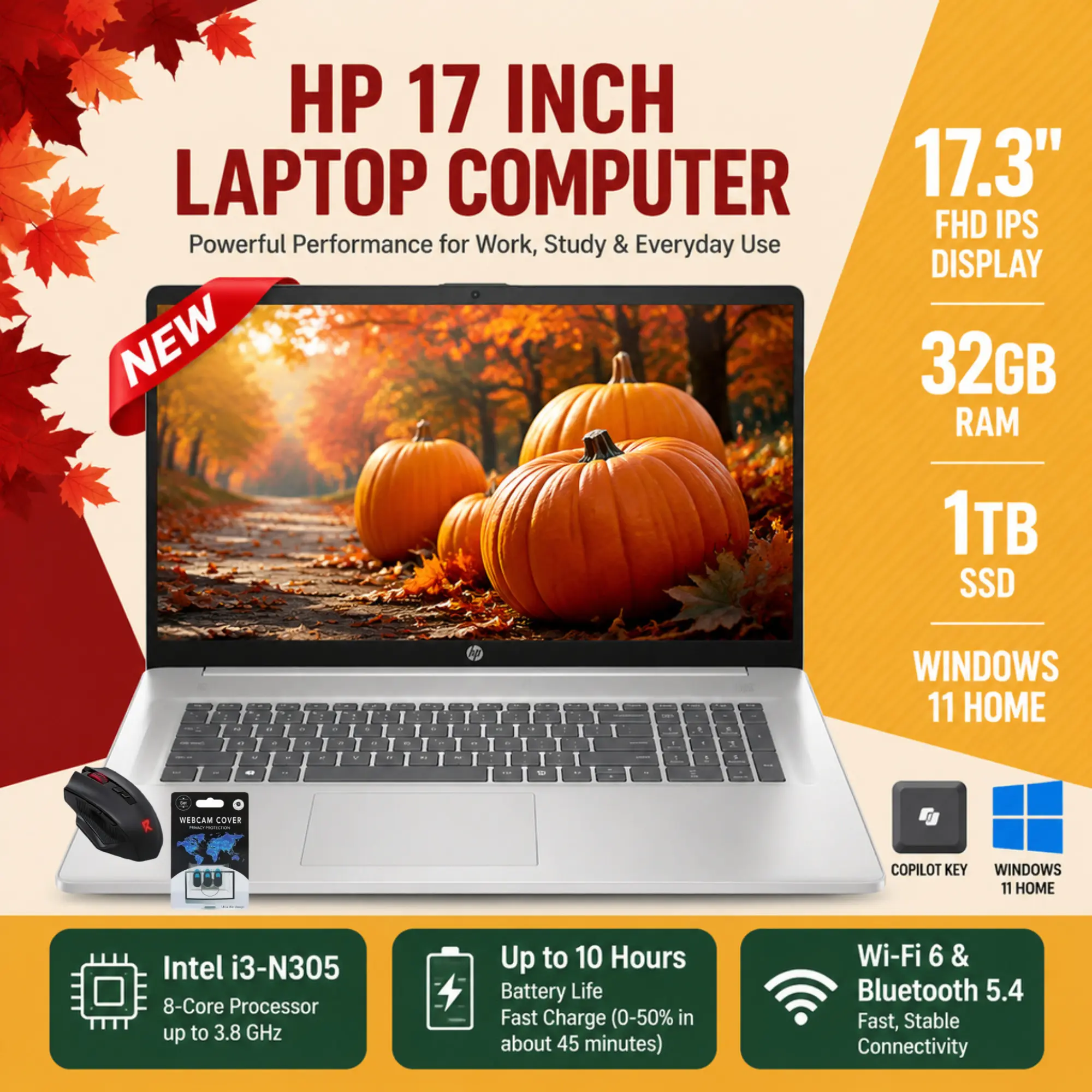 HP 17.3" Full HD IPS Panel Laptop, 8-Core Intel i3-N305, Up to 32GB RAM, 1TB SSD, Windows 11 Home, Fast Charge, WiFi 6, Bluetooth 5.4, HD Webcam, Bundle Accessories Included, for Students & Business