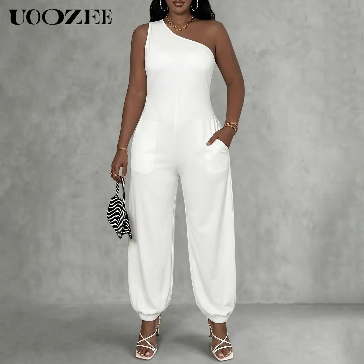 UOOZEE Women's 2026 New Summer Party White One-Shoulder Jumpsuit with Pockets, Slim Fit Polyester Blend Romper, Size Up for Loose Look, Tall Length