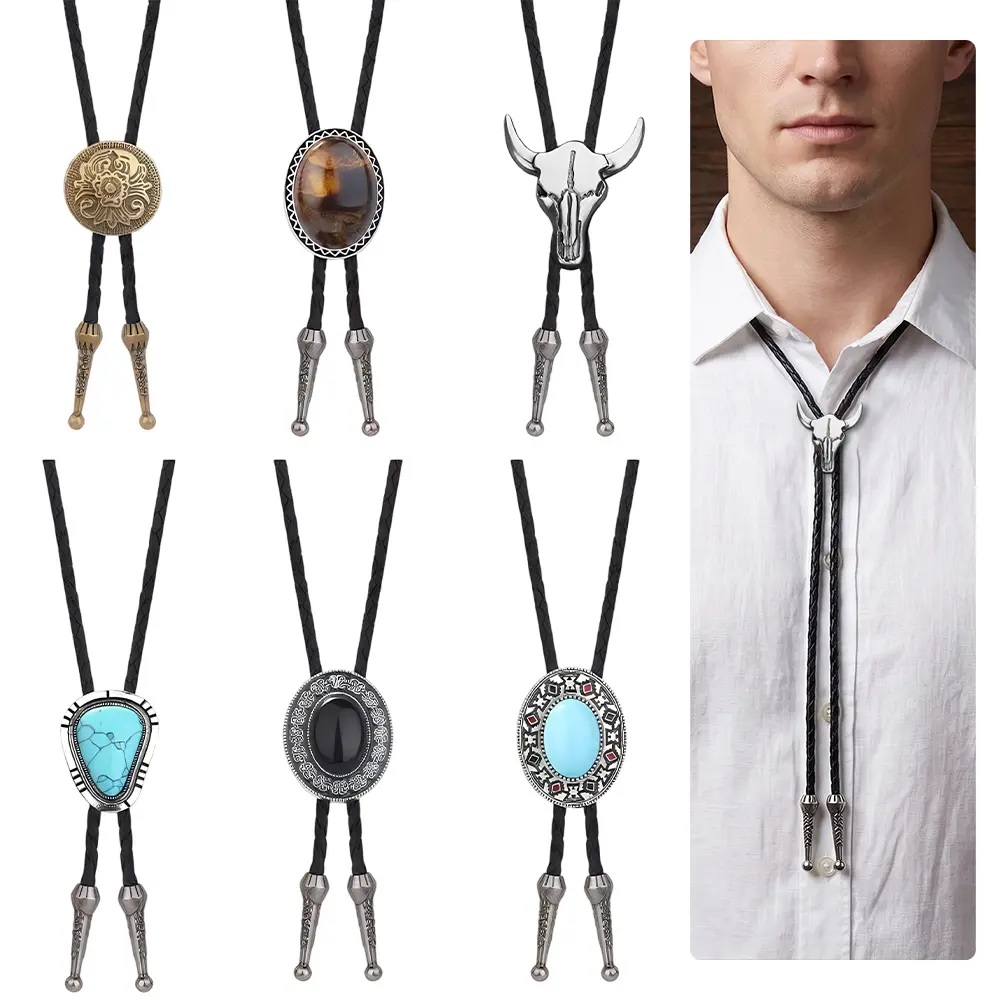 Unisex Hand-Braided Bolo Tie Set (6-Piece) - Braided Leather & Alloy Cowboy/Animal-Themed Motifs, Adjustable Flexible Fit, 100cm/39.4in, for Wedding Party Favors, Friends, Family, Female, All Seasons